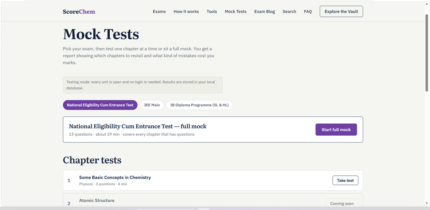 ScoreChem Mock Tests page showing a full NEET mock and a list of per-chapter tests