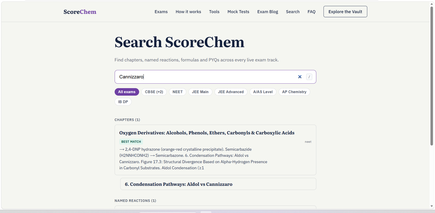 ScoreChem search results for the query Cannizzaro, showing a best-match chapter card with excerpt and a deep link to the numbered section