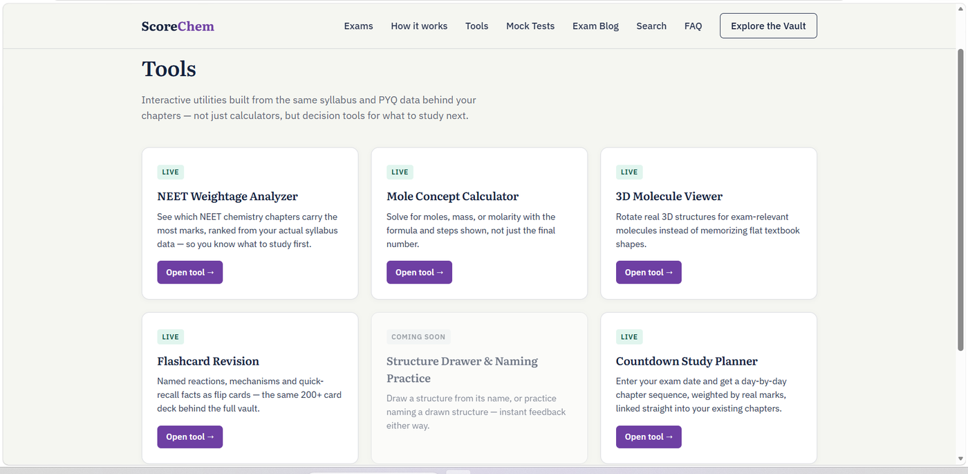 ScoreChem Tools page listing the NEET Weightage Analyzer, Mole Concept Calculator, 3D Molecule Viewer, Flashcard Revision, Structure Drawer and Countdown Study Planner