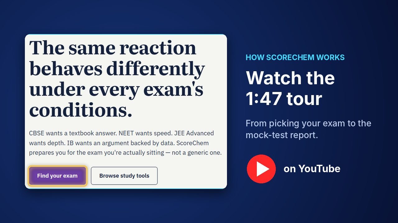 ScoreChem home page headline beside the text: Watch the 1:47 tour on YouTube